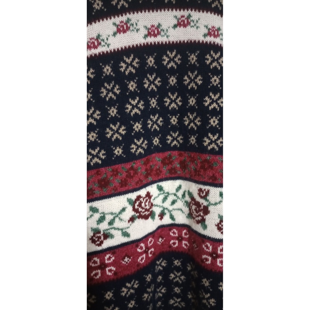 Willow Bay Vintage Floral Fair Isle Knit Sweater Navy Red Rose Made in USA Med - Picture 3 of 5